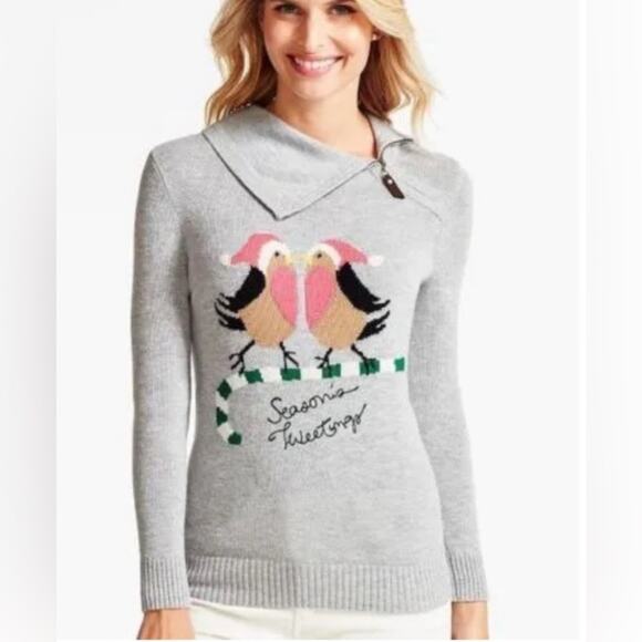 TALBOTS Wool Blend  Women's Sz L Christmas Gray Bird Seasons Tweetings Sweater - Picture 1 of 14